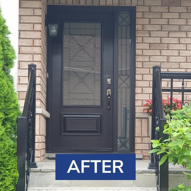 Black entry door with 3/4 panel glass insert and one sidelite.