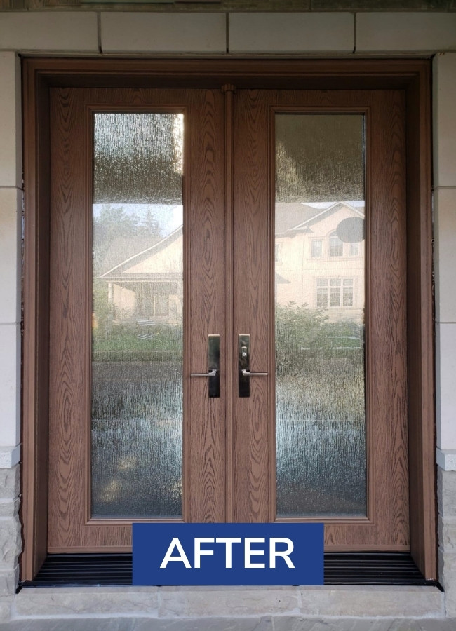 After image from double brown fiberglass entry door replacement project in Mississauga.