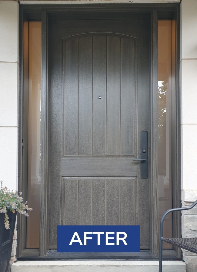 After image from a grey fiberglass entry door replacement project in Brampton.