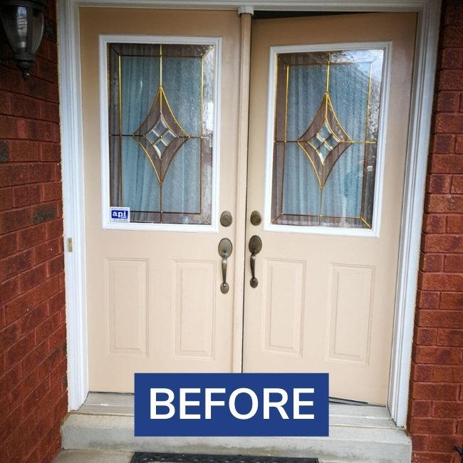 Before image from double white entry door replacement project in Markham.