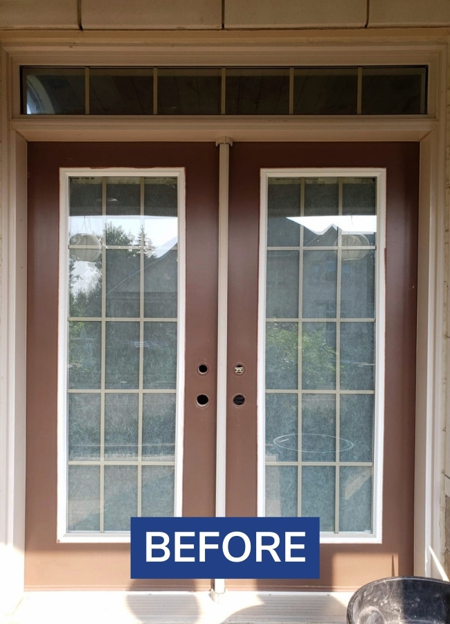 Before image from double brown fiberglass entry door replacement project in Mississauga.