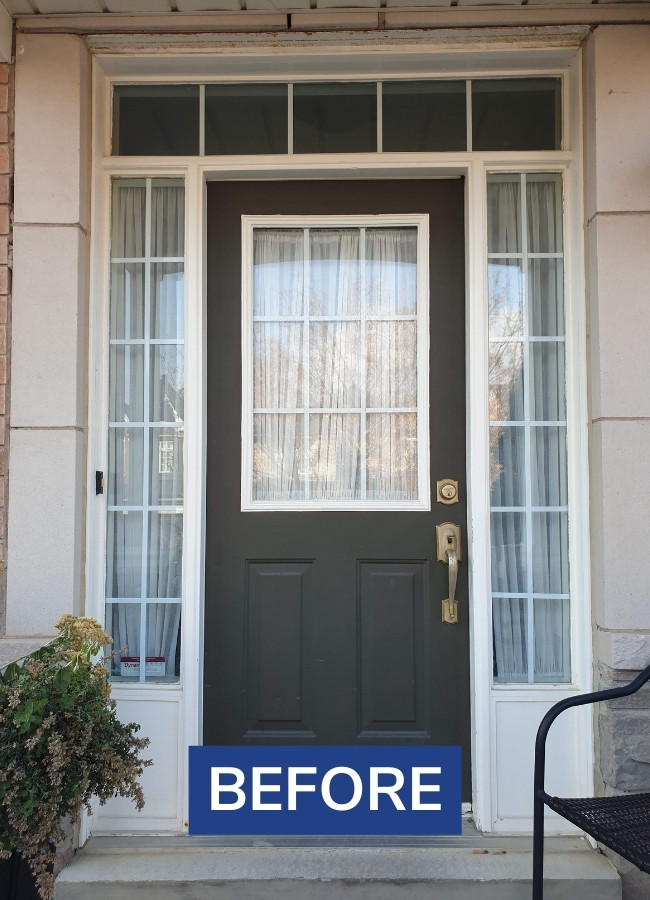 Before image from a grey fiberglass entry door replacement project in Brampton.