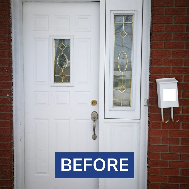 Before image from a steel white entry door replacement project in Toronto.