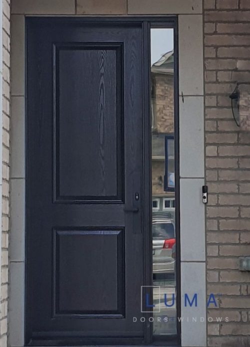 black fiberglass door with direct set sidelite