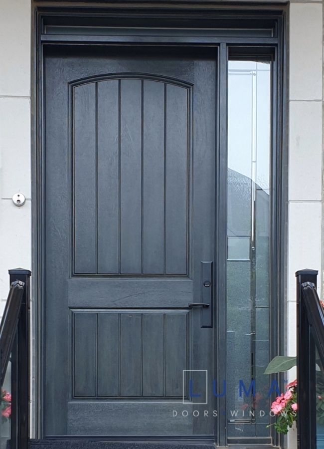 black fiberglass door with camber panel and sidelight