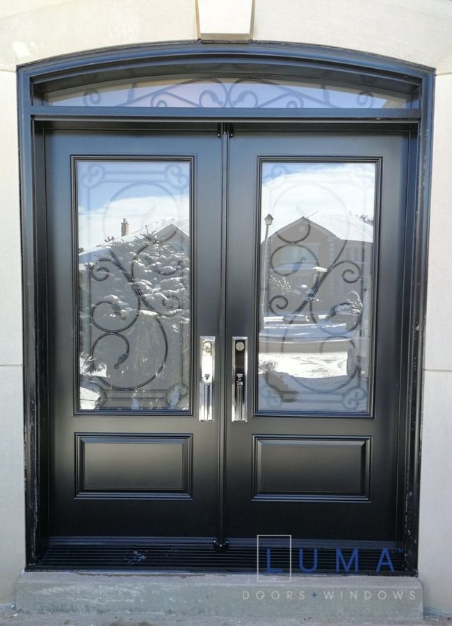 black steel door with transom