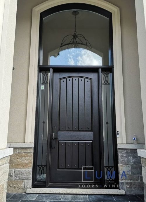 brown fiberglass door with big transom