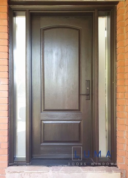 brown fiberglass door with camber panel and sidelites