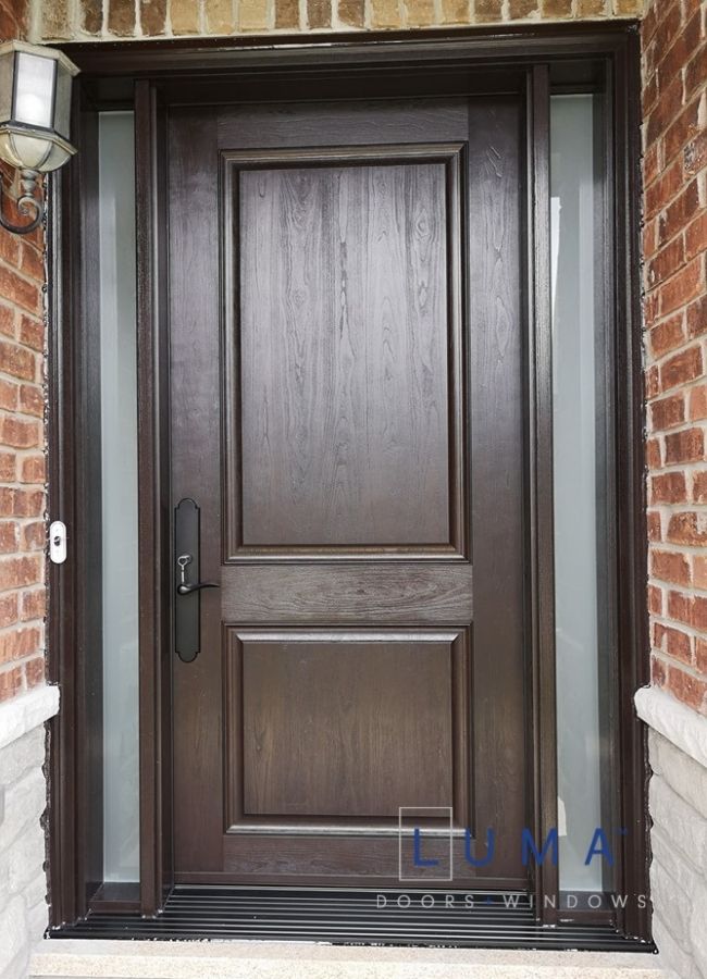 brown fiberglass door with sidelites