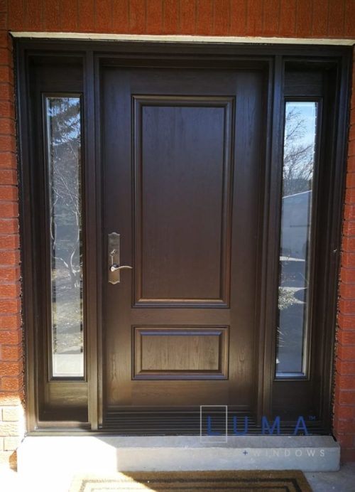 brown fiberglass door with panelled sidelites