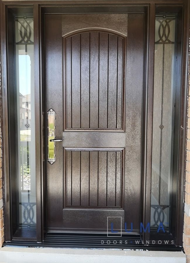 brown fiberglass entry door with sidelites