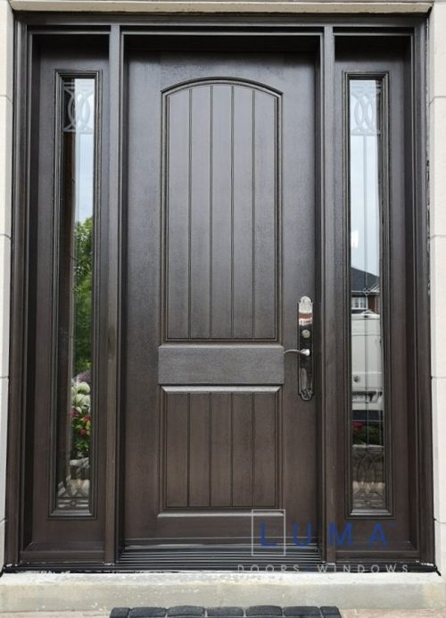 brown fiberglass front door with decorative sidelites