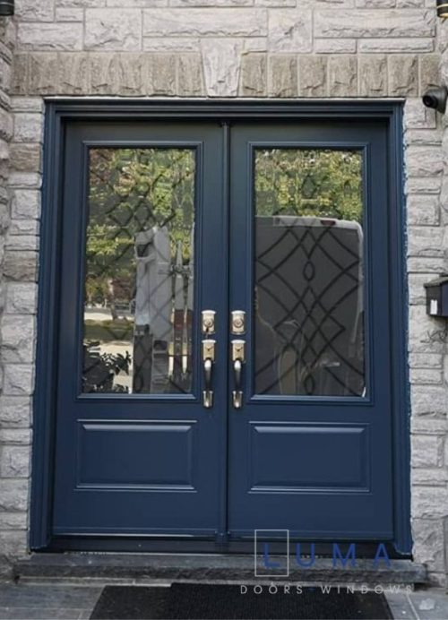 dark blue steel front door with decorative glass insert