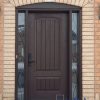 dark brown fiberglass door with iron design sidelites