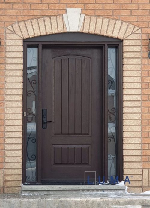 dark brown fiberglass door with iron design sidelites