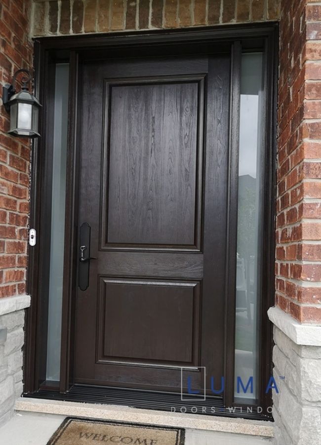 dark brown fiberglass door with sidelites