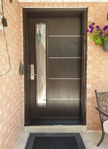 Dark brown fiberglass entry door with offset glass insert and aluminum inserts in Richmond Hill