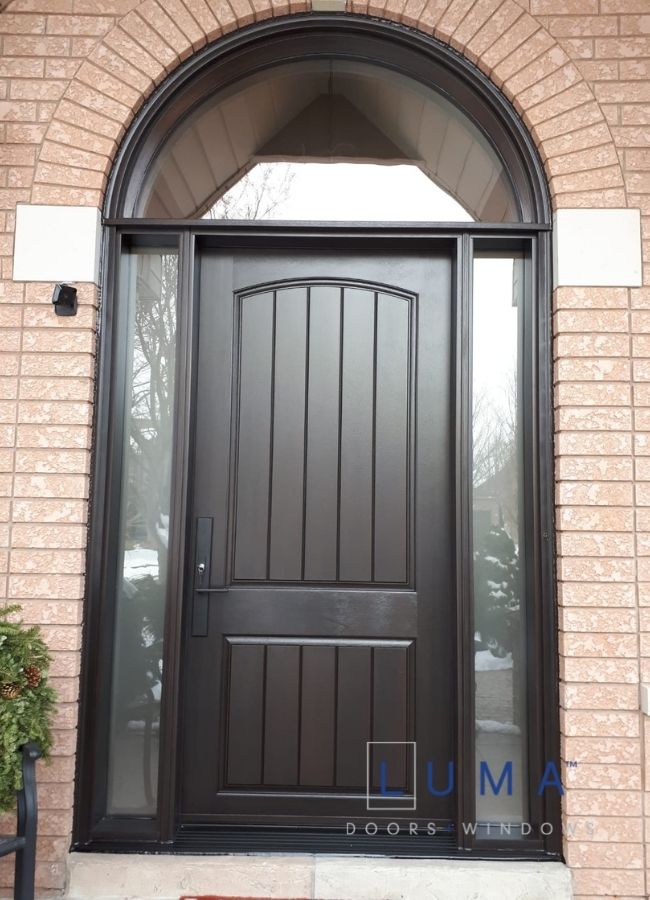 dark brown steel door with direct set sidelites and arched transom