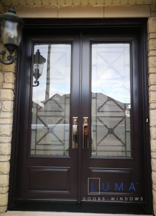 dark brown steel door with iron design glass insert
