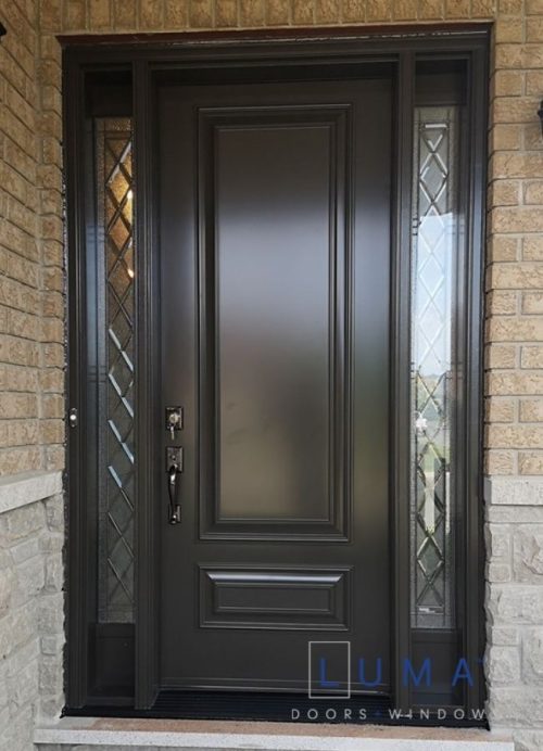 dark brown steel entry door with two sidelites