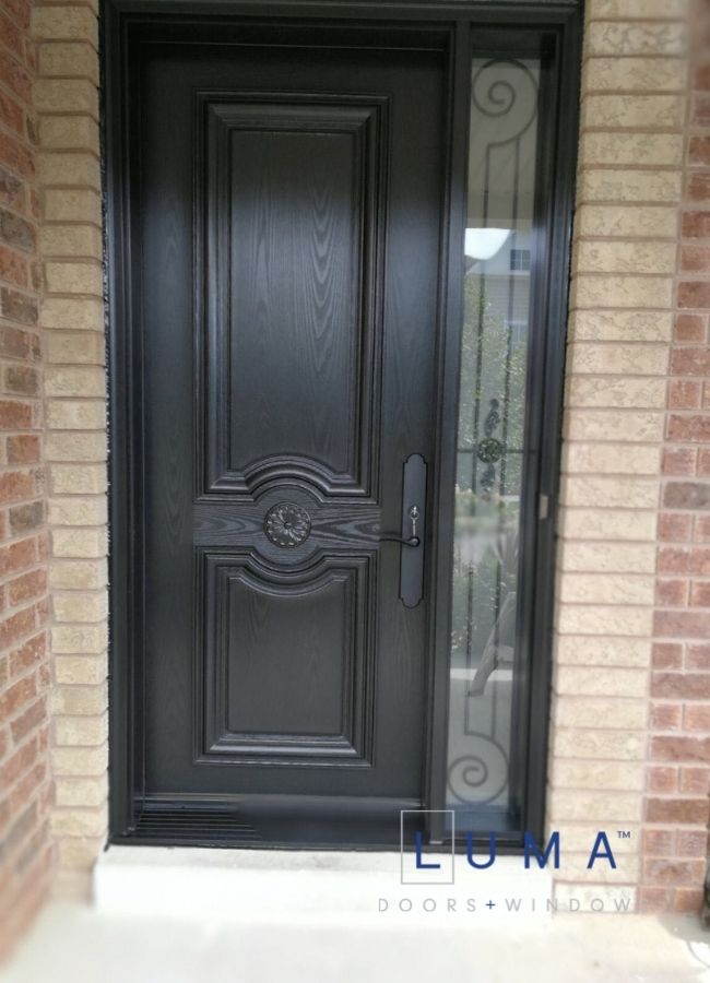 dark grey fiberglass door with sidelite
