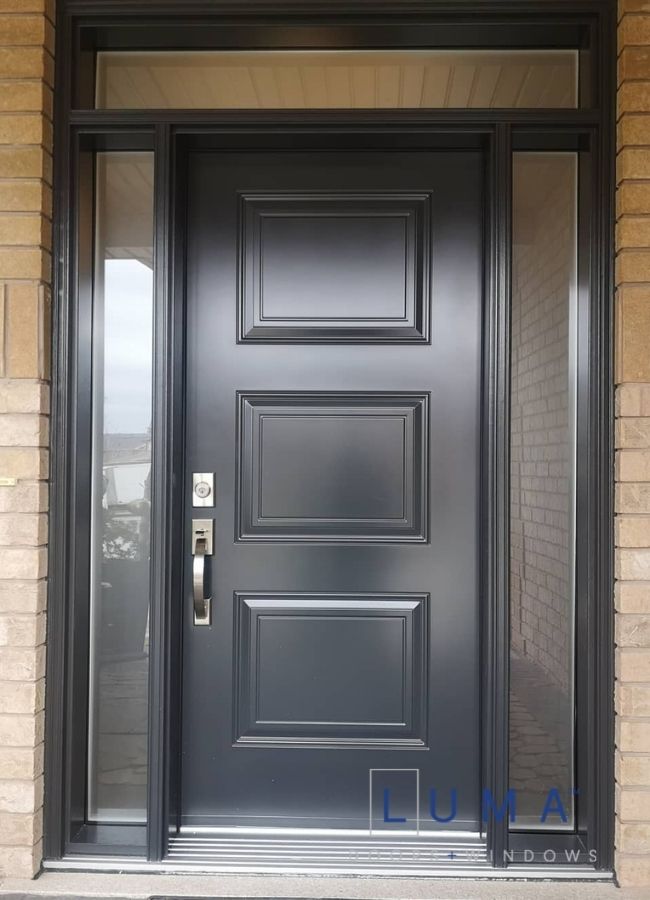 dark grey steel entry door with sidelites and transom