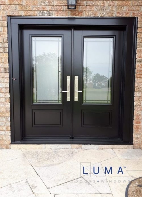 double fiberglass door with 2 frosted glass inserts