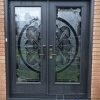 grey fiberglass door with decorative glass