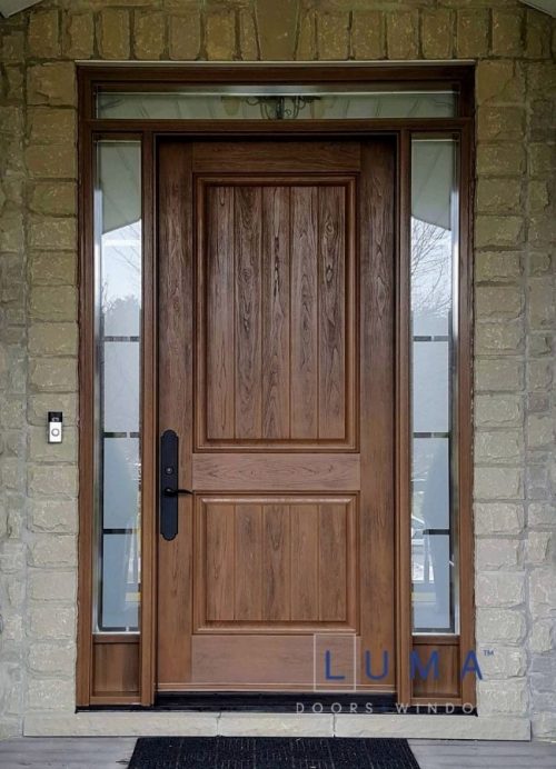 light brown fiberglass door with frosted sidelites in Toronto