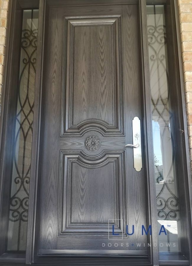 light brown fiberglass door with sidelites and decoration