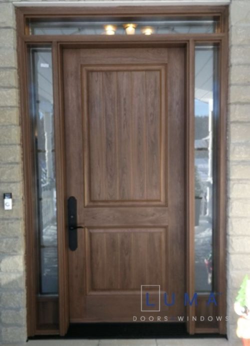 light brown fiberglass door with sidelites and transom