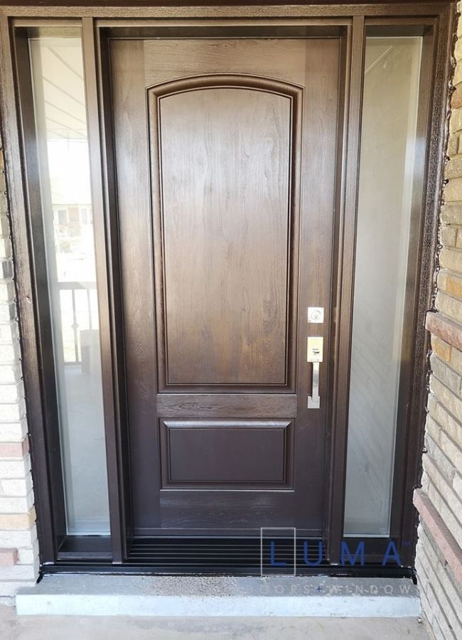 modern brown fiberglass door with two sidelites