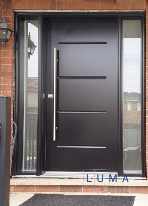 modern brown steel door with aluminium inserts and privacy sidelites
