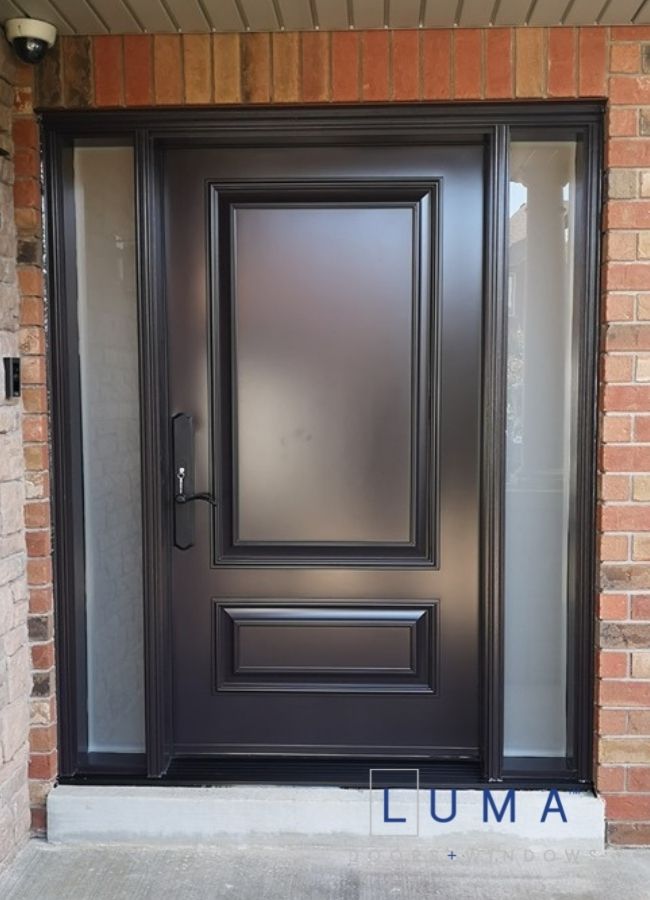 modern brown steel door with two sidelites
