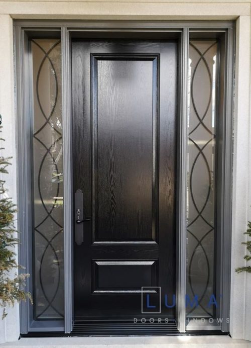 modern fiberglass door with sidelites and grey frame