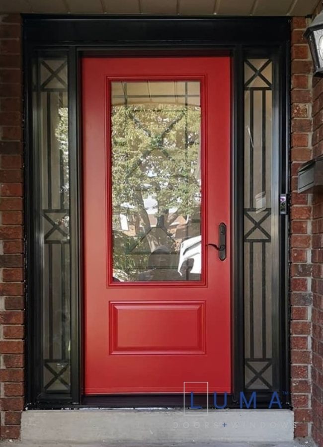 modern red steel door with two sidelites
