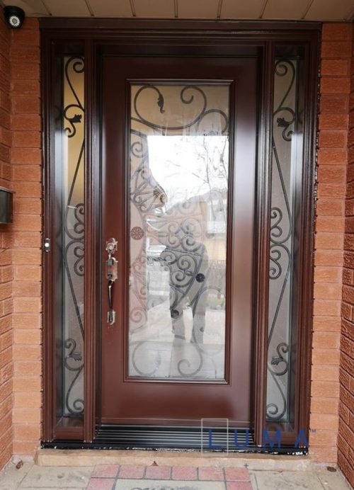 red brown steel front door with decorative glass