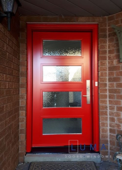 red steel door with multilite glass inserts