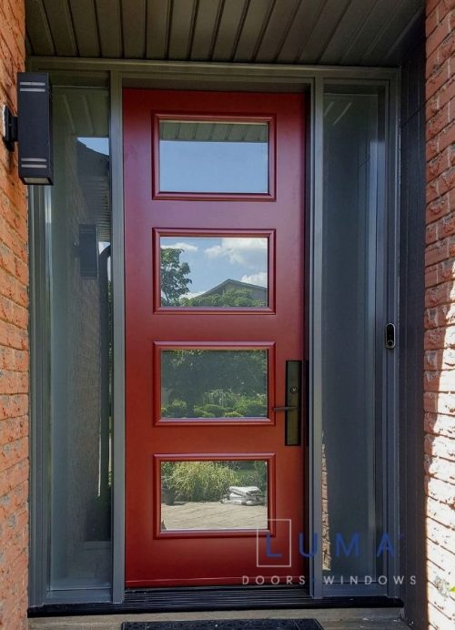 red steel door with grey frame