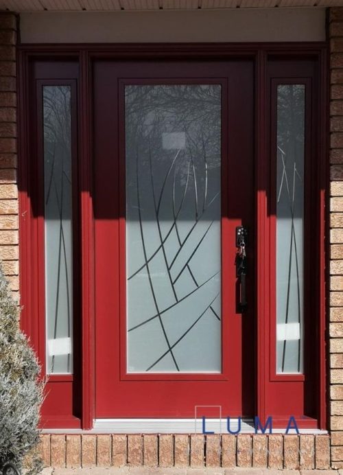 red steel door with two sidelites