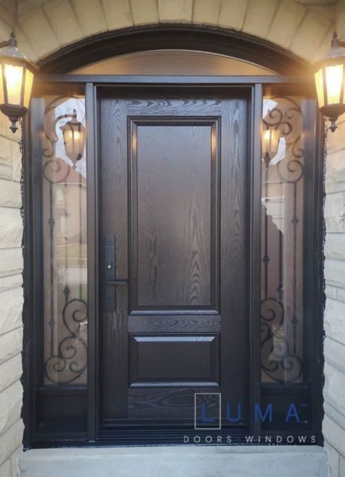 trendy brown fiberglass door with sidelites and transom