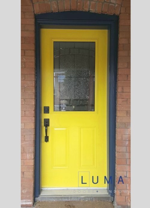 yellow steel door with stained glass