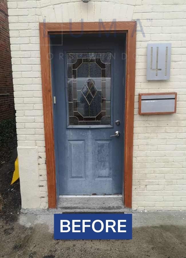 before blue fiberglass door project in Whitby