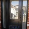 Modern Steel Door system. Single door with 2 direct glass sidelites, 22x48 privacy glass in door with modern soho style panel and matching direct glass sidelites, painted black exterior and black hardware