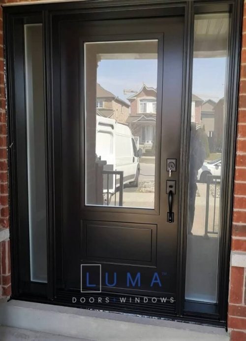 Modern Steel Door system. Single door with 2 direct glass sidelites, 22x48 privacy glass in door with modern soho style panel and matching direct glass sidelites, painted black exterior and black hardware