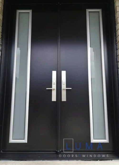 Modern Steel Double Door System, offset privacy glass design, painted black exterior with silver lite frames, silver multi point locking system