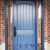 Fiberglass door system, mahogany 42 inch wide 8 foot tall slab, 2 panel chamber top with planks, wrought iron direct sidelites with matching transom. custom painted blue painted door system, black multi point lock