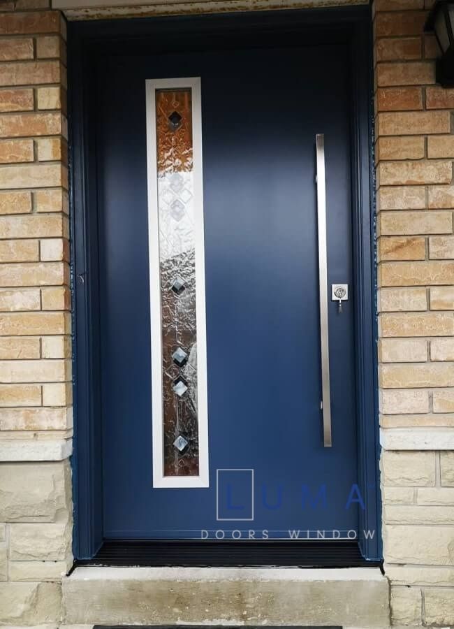Modern Steel Single Door, custom 42 inch slab, offset narrow decorative glass with aluminum colour modern lite frame, painted blue exterior, 48 inch round pull bar system.