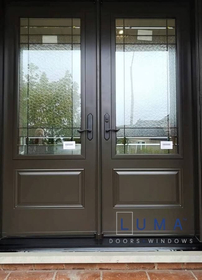 Steel Double door system, 2 panel door slab, 2248 Novatech Celeste Glass design, painted brown exterior, multi point locking system, lock black venice style