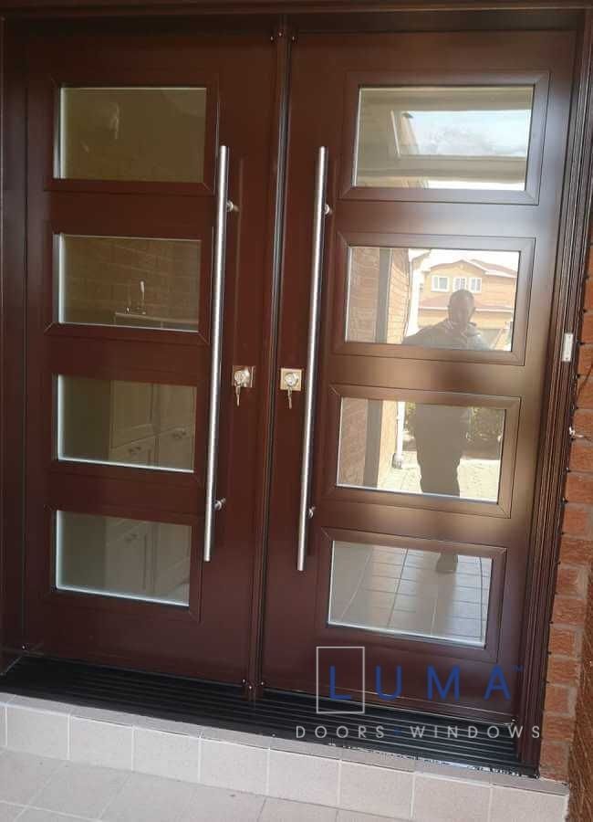 Brown Steel Double Door with Multilight Glass ☑️ Steel Entry Door
